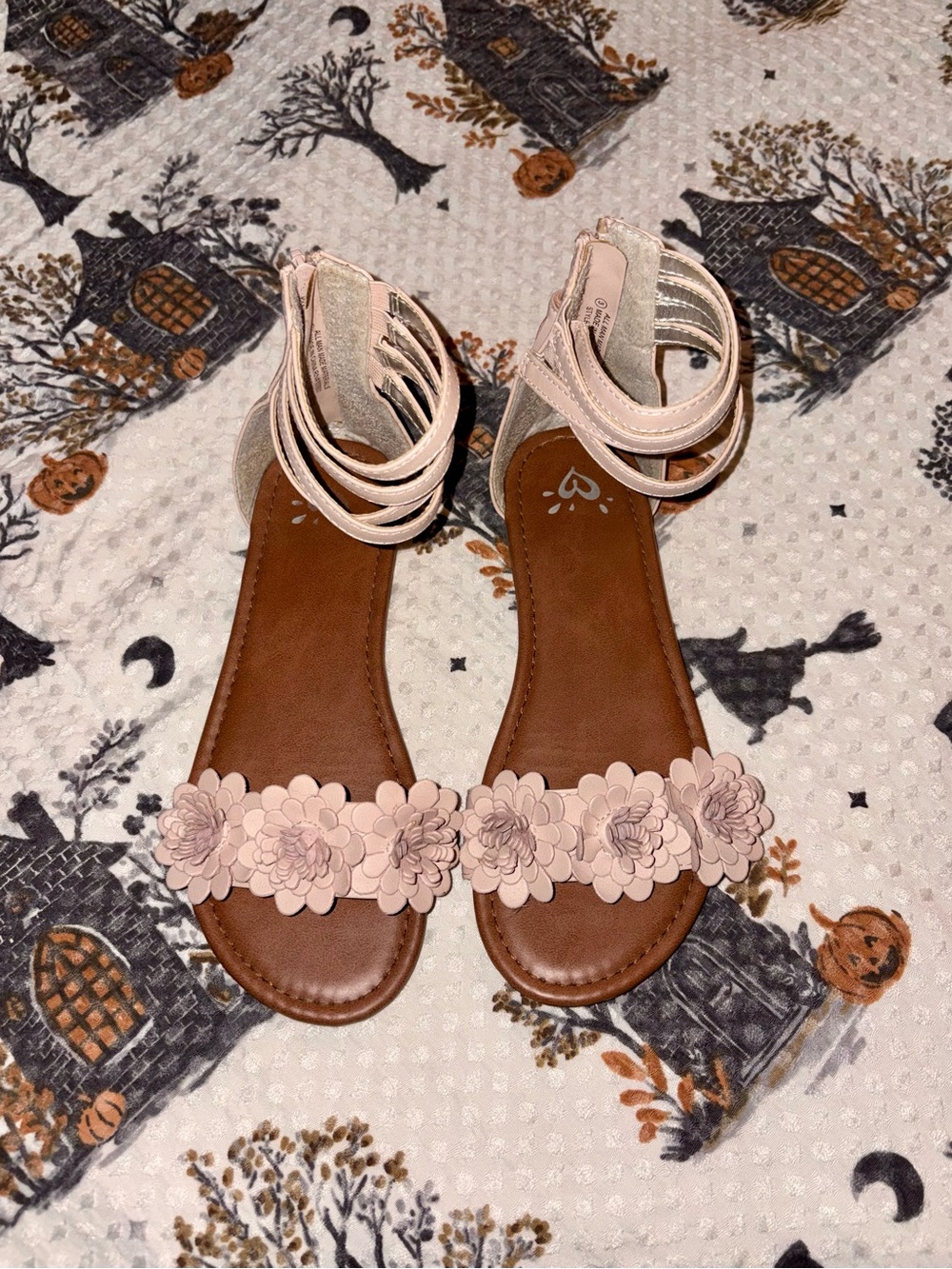 Size 3 Girls Justice Pink/Beige Floral Ankle-Strap Sandals